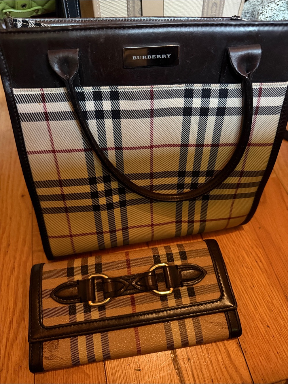Burberry Beige and Black Vintage Check Tote with Wallet